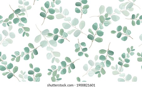 Gentle seamless pattern with silver dollar eucaliptus leaves and branches