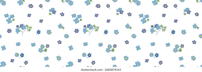 Gentle seamless pattern with small blue forget-me-not flowers scattered on white. Perfect for baby products, fabric, stationery.