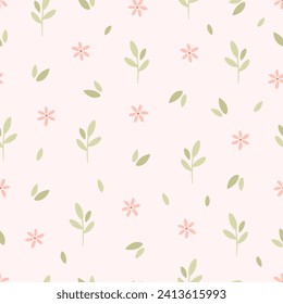 Gentle seamless pattern with small sprout and flowers. Nursery minimalist print. Printing on textiles, wallpaper, wrapping paper. Vector illustration in flat style