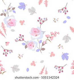 Gentle seamless pattern with stylized leaves of dandelion, clover, viburbum, branches of spirea, pink roses and bell flowers isolated on white background. Ditsy floral background.
