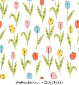 Gentle seamless pattern with tulip flowers. Printing on textiles, wallpaper, wrapping paper. Vector illustration in flat style