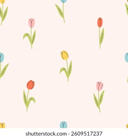 Gentle seamless pattern with tulip flowers. Cute minimalist print. Printing on textiles, wallpaper, wrapping paper. Vector illustration in flat style