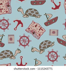 Gentle seamless pattern with turtles and the ships.