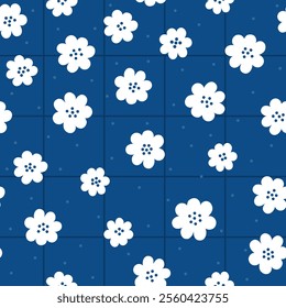 Gentle seamless pattern with white floral design on dark blue checked background