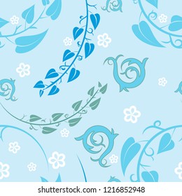 gentle seamless pattern with white flowers and branches with leaves on a light blue background vector
