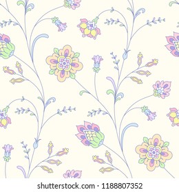 Gentle seamless pattern for your design. Elegant waving twigs with flowers on light yellow background
