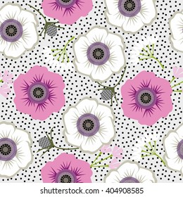  Gentle seamless polka dot pattern with flowers. Cute simple floral ornament. Vector illustration for fabric, scrapbooking paper and other