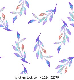 Gentle seamless spring pattern. Branches on white background. Imitation of watercolor. Lilac, blue, turquoise colors.