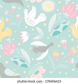 Gentle seamless texture with flowers and birds/blue. Seamless pattern can be used for wallpaper, pattern fills, web page background,surface textures. Gorgeous seamless floral background.