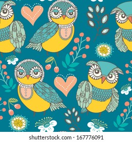 Gentle seamless texture with owls and flowers. Seamless pattern can be used for wallpaper, pattern fills, web page background,surface textures. Gorgeous seamless floral background.