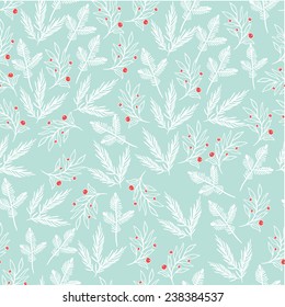 Gentle seamless turquoise background of branches and leaves. Christmas background.