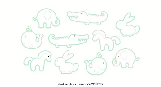 Gentle set of animal icons for child. Line art rabbit, elephant, crocodile, horse, whale for girl and boy. 