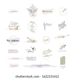 gentle set of botanical and chic logo templates,  stickers and trendy feminine floral compositions