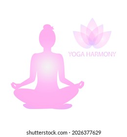 Gentle silhouette of woman practicing yoga asana and meditation, isolated on white background. Lotus flower, Inscription Yoga Harmony. Logo of yoga studio for banners, web pages. Vector illustration