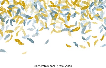 Gentle silver gold feathers vector background. Plumage fluff dreams symbols. Detailed majestic feather on white design. Lightweigt plumelet windy floating pattern.
