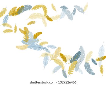 Gentle silver gold feathers vector background. Angel wing plumage concept. Flying feather elements airy vector design. Soft plumelet native indian ornament.