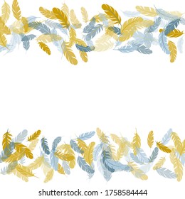 Gentle silver gold feathers vector background. Plumage fluff dreams symbols. Flying feather elements airy vector design. Soft plumelet native indian ornament.