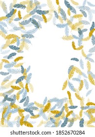 Gentle silver gold feathers vector background. Decorative confetti of festive plumelet. Detailed majestic feather on white design. Plumage fluff dreams symbols.