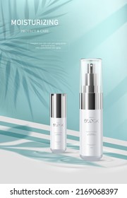 Gentle skin care set ads with silver bottle and palm leaves shadows in 3d illustration