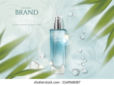 Gentle Skincare  Illustration Green Leaves Cosmetic Ads, Pump Bottle Product Lying On Water Surface Background In Top View Angle With Water Drops And Leaves