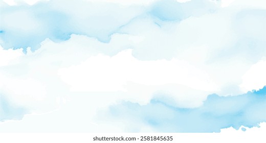 Gentle Sky Blue Aquarelle Brush Strokes Painted on Wet White Paper, Forming a Delicate Textured Surface that Evokes a Calm, Peaceful Feeling with a Soothing, Elegant Watercolor Effect.
