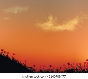 The gentle slope covered with grass and pope flowers. Black silhouette vector image with red poppies. Mountain flower meadow at sunrise or sunset. Peaceful landscape vector art.