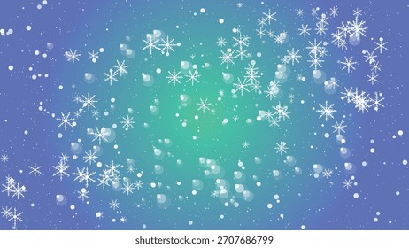 Nieve suave que cae en un fondo azul y verde degradado, escena festiva del invierno