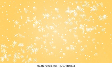 Gentle snowfall effect with glittering snowflakes and bokeh on a soft yellow background
