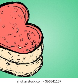 Gentle souffle cake with pink and biscuits with heart-shaped Valentine's Day looks sideways.