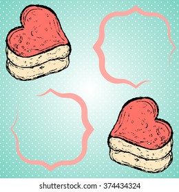 Gentle souffle cake with pink and biscuits with heart-shaped Valentine's Day at the corners with two pink frame for text.