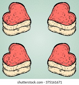 Gentle souffle cake with pink and biscuits with heart-shaped Valentine's Day at the corners.