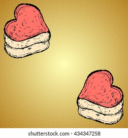 Gentle souffle cake with pink and biscuits with heart-shaped Valentine's Day at the corners.