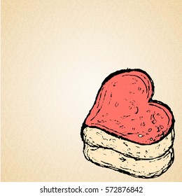 Gentle souffle cake with pink and biscuits with heart-shaped Valentine's Day in the right corner