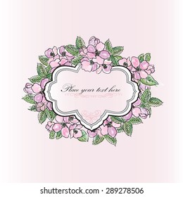 Gentle spring apple tree blooming flowers greeting card. Floral background with place for text.  Flower frame. Vintage floral border. Old style card. Flourish victorian invitation. Vector Illustration