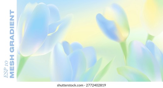 Gentle spring background features blooming tulip petals in pastel gradient. Fresh floral design with soft bokeh effect perfect for romantic Easter greeting cards and banners. Mesh vector illustration