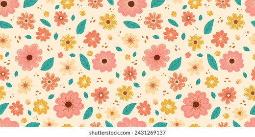 Gentle, spring floral background. Spring flowers and leaves seamless pattern. Colorful garden flowers in a row. Vector floral pattern in doodle style with flowers and leaves.