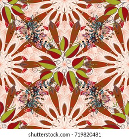 Gentle, spring floral background. Flowers on neutral, brown and red colors. Vector floral pattern in doodle style with flowers.