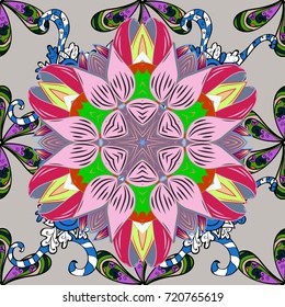 Gentle, spring floral background. Flowers on gray, neutral and green colors. Vector floral pattern in doodle style with flowers.
