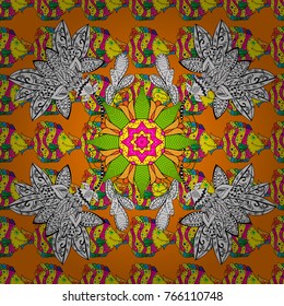 Gentle, spring floral background. Flowers on orange, yellow and white colors. Vector floral pattern in doodle style with flowers.