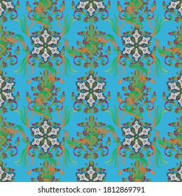 Gentle, spring floral background. Vector floral pattern in doodle style with flowers. Flowers on green, blue and orange colors.