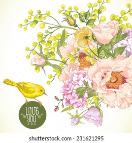Gentle Spring Floral Bouquet with Birds, Vintage Greeting Card, Vector illustration. Peonies, Mimosa, Roses, Hydrangea 