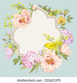 Gentle Spring Floral Bouquet with Birds, Vintage Greeting Card, Frame, Vector illustration. Peonies, Mimosa, Roses, Hydrangea 