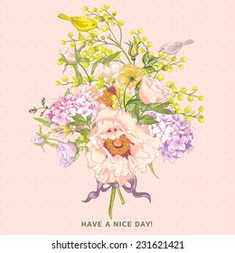 Gentle Spring Floral Bouquet with Birds, Vintage Greeting Card, Vector illustration. Peonies, Mimosa, Roses, Hydrangea 