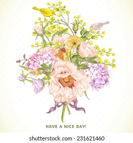 Gentle Spring Floral Bouquet with Birds, Vintage Greeting Card, Vector illustration. Peonies, Mimosa, Roses, Hydrangea 