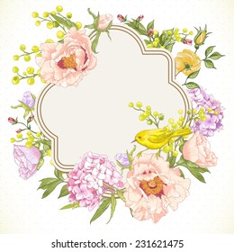 Gentle Spring Floral Bouquet with Birds, Vintage Greeting Card, Frame, Vector illustration. Peonies, Mimosa, Roses, Hydrangea 