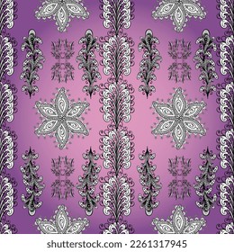Gentle, spring floral on black, white and purple colors. Tender seamless pattern with flowers. Vector floral illustration in vintage style. Vector illustration.