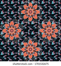 Gentle, spring floral on blue, black and orange colors. Vector illustration. Watercolor painting of leaf and flowers, seamless pattern on blue, black and orange colors.