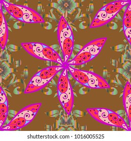 Gentle, spring floral on brown, magenta and orange colors. Vector illustration. Vector floral pattern in doodle style with flowers and leaves.