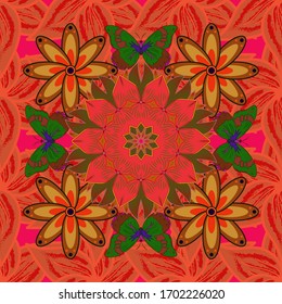Gentle, spring floral on brown, red and orange colors. Vector illustration. Vector floral pattern in doodle style with flowers and leaves.
