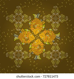 Gentle, spring floral on brown, yellow and neutral colors. Vector illustration. Vector floral pattern in doodle style with flowers and leaves.